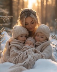 Obraz premium Mother with four children bundled up in cozy knitwear during a winter day in the forest