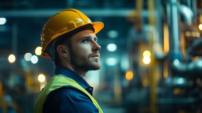 Industrial worker, yellow hard hat, high-visibility vest, blue uniform, side profile, focused expression, blurred factory background, bokeh lights, night shift, manufacturing plant, safety gear.