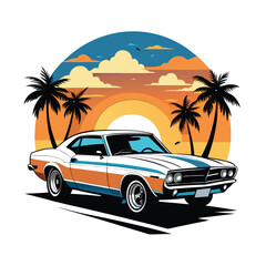 Artwork of a flat graphic design for a T-shirt featuring a car