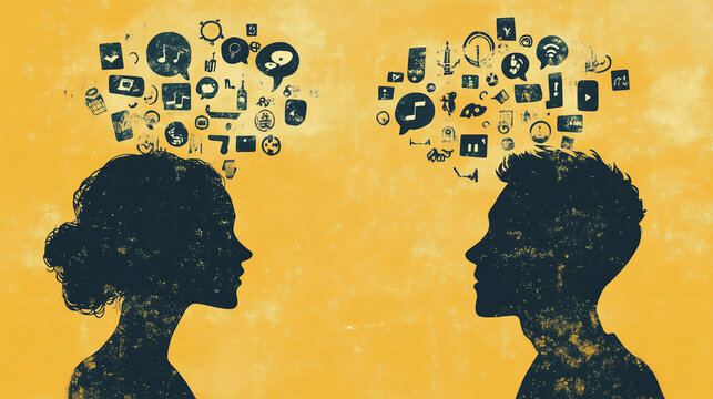 sharing of thoughts - illustration of man and woman sharing their thoughts and collecting ideas - silhouette of man and woman and symbols which representing their thoughts