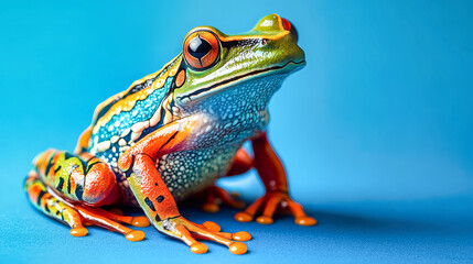 Naklejka premium Strikingly colorful frog sitting on a blue surface