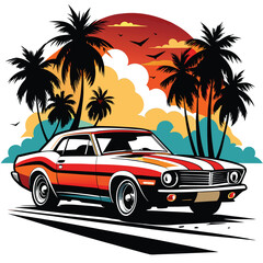Artwork of a flat graphic design for a T-shirt featuring a car