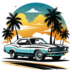 Artwork of a flat graphic design for a T-shirt featuring a car