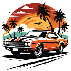 Artwork of a flat graphic design for a T-shirt featuring a car