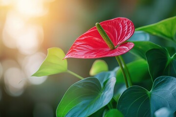 Compact red anthurium andreanum blooming plant (holland type) with vibrant green leaves set against a gentle background, taken in a close-up vertical image