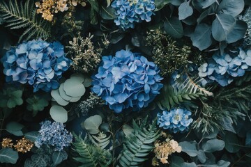 Botanical art showcasing azure blooms and greenery