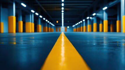 Fototapeta premium Empty underground parking garage with yellow pillars and central lined pathway at night