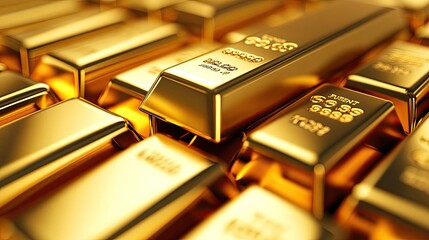 Close-up of shining gold bars stacked with precision, showcasing their luxury and wealth. Ideal for finance and investment themes.