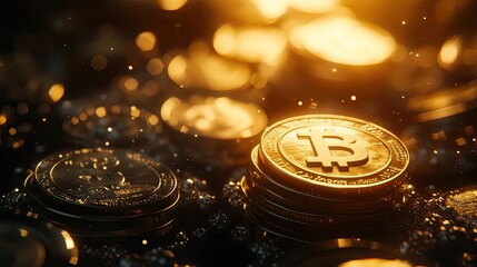 A close-up shot of shiny gold bitcoins stacked on a reflective surface, illuminated by warm golden light, creating a luxurious feel.
