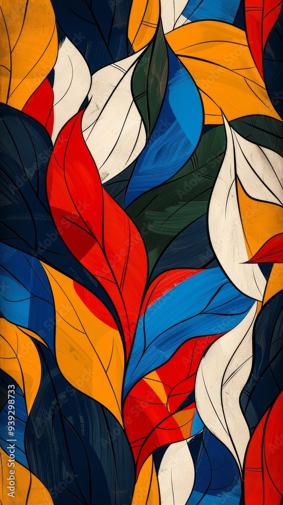 Sticker Artistic depiction of an array of colorful feathers in red, blue, white, and yellow, forming a vibrant and striking pattern against a dark background.