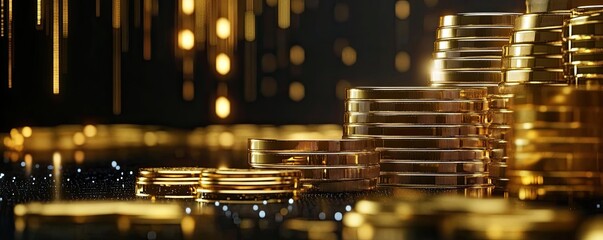 Obraz premium Close-up of shiny gold coins stacked against a dark background, symbolizing wealth, prosperity, and financial success.