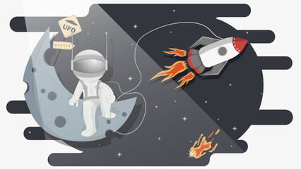 Fototapeta premium An astronaut in a spacesuit sits among the stars on the planet moon a rocket flies by flat childrens doodles