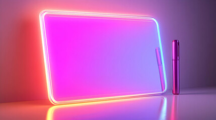 Fototapeta premium 3d Flat icon as Glossy Glowing Holographic Laptop and Calendar concept as A photo featuring a glossy glowing holographic laptop and a calendar. The objects are positioned towards the right highlightin