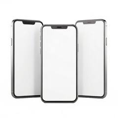 Three Smartphones with Blank Screens on a Transparent Background