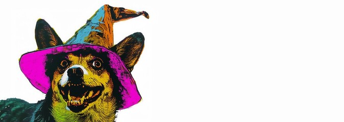 Colored linocut corgi dog in  witch hat and pumpkin  on dark blue pink background. Halloween concept. Creativity illustration, greeting card,  halloween print, invitation party.