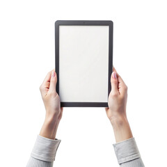 Hands Holding a Tablet with Blank Screen on a Transparent Background