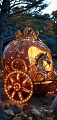 Obraz premium A beautifully lit pumpkin carriage with intricate details, set in a magical outdoor setting, perfect for fairy tale fans and fantasy themes.