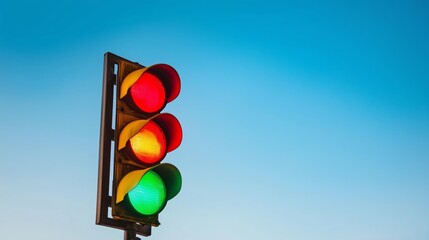 A traffic light against a clear blue sky.