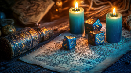 Ancient scroll and magical dice with candles in a mystical setting