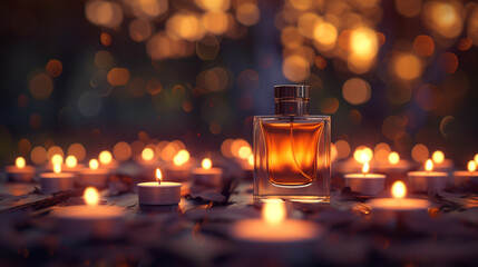 A perfume bottle illuminated by numerous candles in warm tones, creating an atmosphere of coziness and luxury. The background is blurred with golden lights