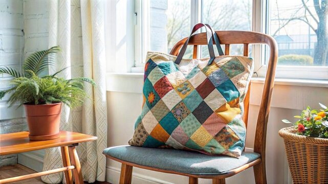 Handmade patchwork bag made from colorful quilted fabric on a rustic wooden surface.Beautiful needlework from scraps of colored fabrics