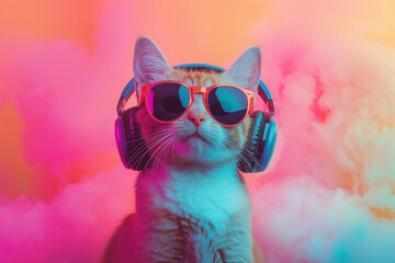 An image depicting a cat wearing headphones and sunglasses, set against a backdrop of vibrant, colorful smoke. This surreal scene merges elements of music and artistic expression.