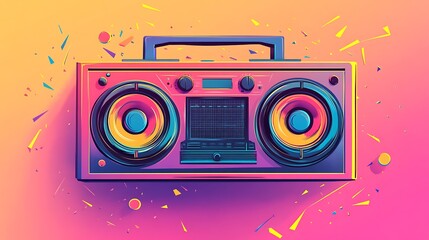 A vibrant boombox with a blue handle and two large speakers on a pink and orange background with scattered yellow, blue, and red shapes.