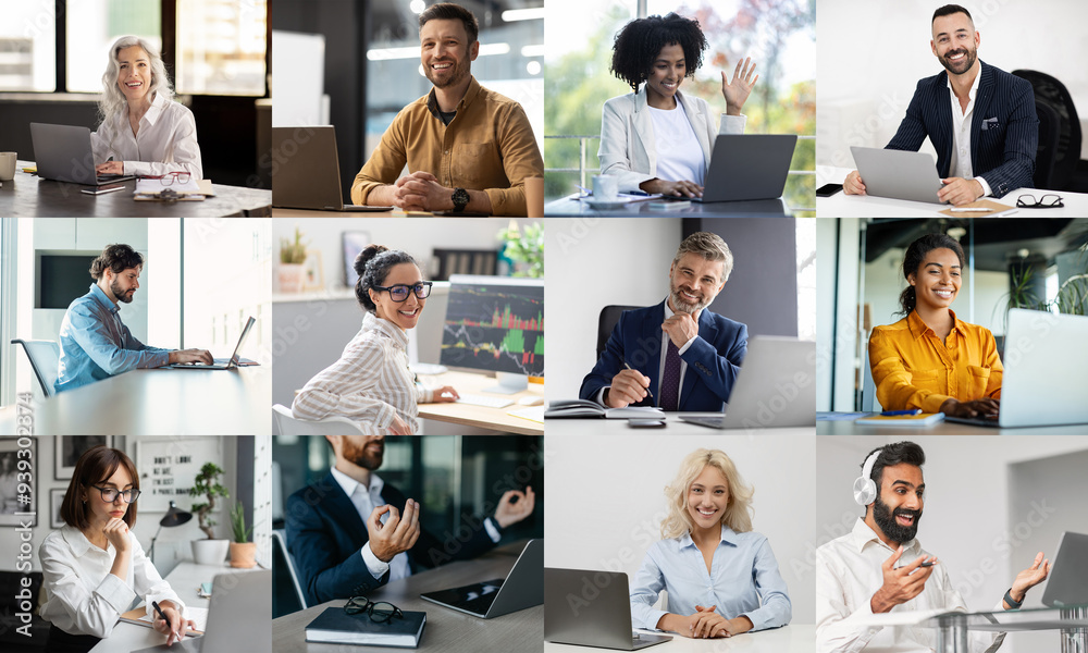 Poster a group of diverse professionals is participating in virtual meetings from their home offices. each 