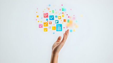 3d Flat icon as Hand with Holographic Meeting Agenda and Clock concept as A photo featuring a hand holding a holographic meeting agenda and a clock. The hand is positioned centrally leaving ample copy