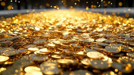 A stunning visual of glittering gold coins scattered across a surface, creating a vibrant and luxurious feel.