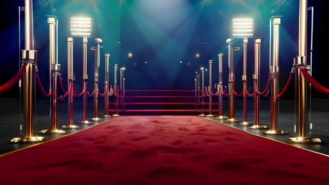 Red carpet and shiny gold barrier with black background edge. Luxury clothing photography concept, Luxurious elegant expensive decoration. Seamless 4K looping timelapse video animation background