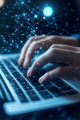 High Angle Typing with Digital Network Overlay. Overhead close-up of hands typing on a keyboard with a digital network overlay, ideal for tech themes.