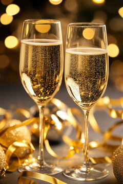 Close-Up Champagne Toast with Golden Bokeh. Close-up of champagne glasses with golden shimmering background, ideal for celebrations.