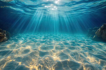 Fototapeta premium Background with glowing rays of light, sun rays, shimmer, bokeh, underwater, overlay with bokeh and rays, sparkle, golden rays, multicolored, waves. 