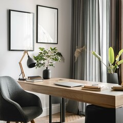 Mockup Poster Frame in Modern Home Office Interior - 3D Render