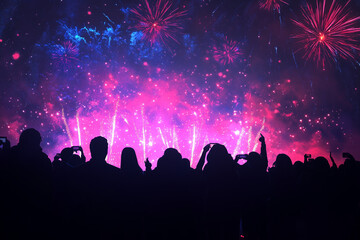 Low Angle View of Fireworks Celebration Crowd. Silhouetted crowd watching vibrant fireworks at night event.