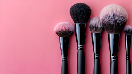 professional make up brushes on plain pink background with copy space 
