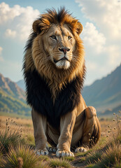 A powerful male lion with a thick mane sits majestically in a grassy field, with mountains and a cloudy sky in the background.