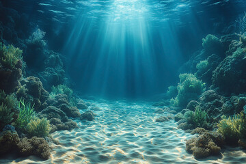 Fototapeta premium Background with glowing rays of light, sun rays, shimmer, bokeh, underwater, overlay with bokeh and rays, sparkle, golden rays, multicolored, waves. 