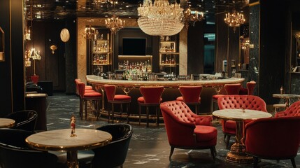 Luxurious lounge with chandeliers, elegant decor, and a stylish bar