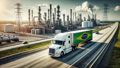 A freight truck, displaying the Brazil flag, travels along a highway beside a sprawling refinery, representing the connection between transportation and the energy sector