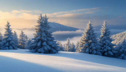 Winter landscape with frosty trees and a mountain view suitable for a copy space image, snowy firs and pines, christmas tree