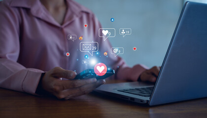 women using  with Social media. The concept of living on vacation and playing social media. Social Distancing ,communication. Social media and digital online concept.