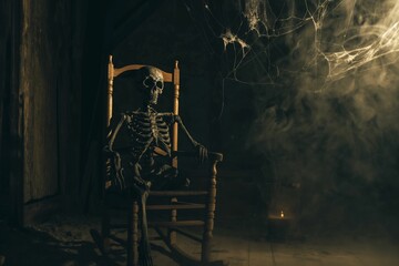 Skeleton Sitting in Rocking Chair in Dark Smoky Room