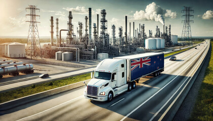 Obraz premium A freight truck, displaying the New Zealand flag, travels along a highway beside a sprawling refinery, representing the connection between transportation and the energy sector