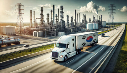 A freight truck, displaying the Republic of Korea flag, travels along a highway beside a sprawling refinery, representing the connection between transportation and the energy sector
