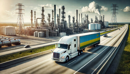 A freight truck, displaying the Rwanda flag, travels along a highway beside a sprawling refinery, representing the connection between transportation and the energy sector