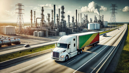 A freight truck, displaying the Republic of the Congo flag, travels along a highway beside a sprawling refinery, representing the connection between transportation and the energy sector