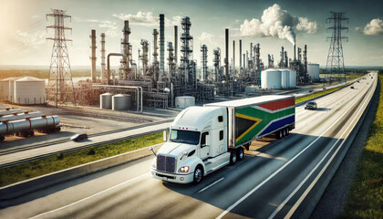 A freight truck, displaying the South Africa flag, travels along a highway beside a sprawling refinery, representing the connection between transportation and the energy sector