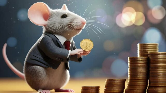 Rat mouse wearing business suit next to stack of coins with financial chart background bokeh. Seamless 4K looping timelapse video animation background